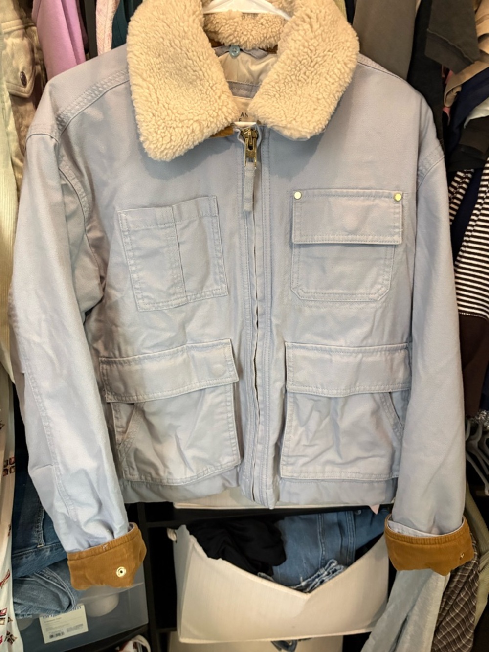 American Eagle Outfitters Light Blue Jacket with Cream Sherpa Collar